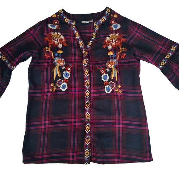 Time For Me Plaid Embroidered Floral Balloon Sleeve V-Neck Blouse Women's Small - Picture 5 of 15